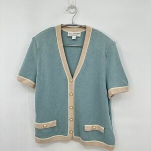 VTG St John Collection Marie Gray Seafoam Blue Knit Short Sleeve Cardigan 12